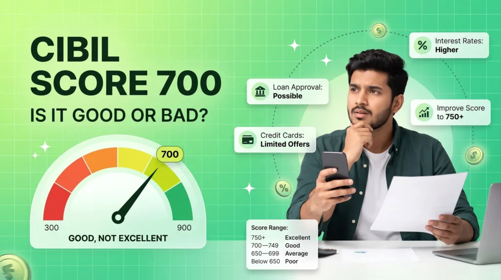 A young man reviewing financial documents with a CIBIL score of 700 displayed on a credit score meter, highlighting “good but not excellent,” along with icons showing loan approval, higher interest rates, and tips to improve the score to 750+