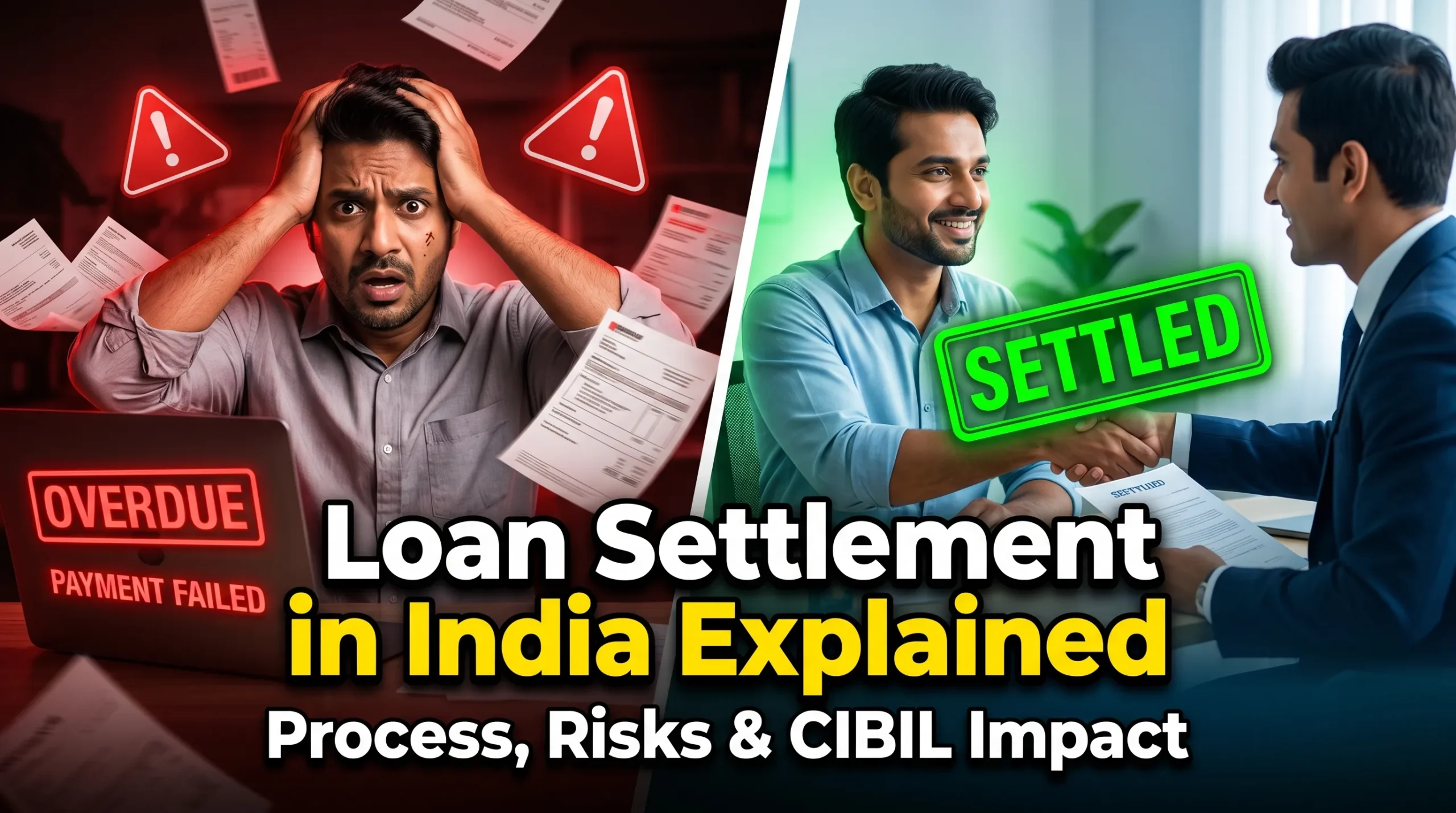 Loan settlement in India explained with stressed borrower and settled stamp showing process, risks and CIBIL impact