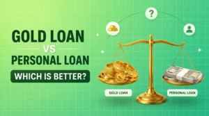 Gold Loan vs Personal Loan comparison infographic, featuring a balance scale with gold jewelry on one side and cash on the other. The image highlights key factors like lower interest rates, fast approval, secured vs unsecured, and flexible options. The background features a clean green gradient with subtle grid pattern, designed for a modern financial blog.