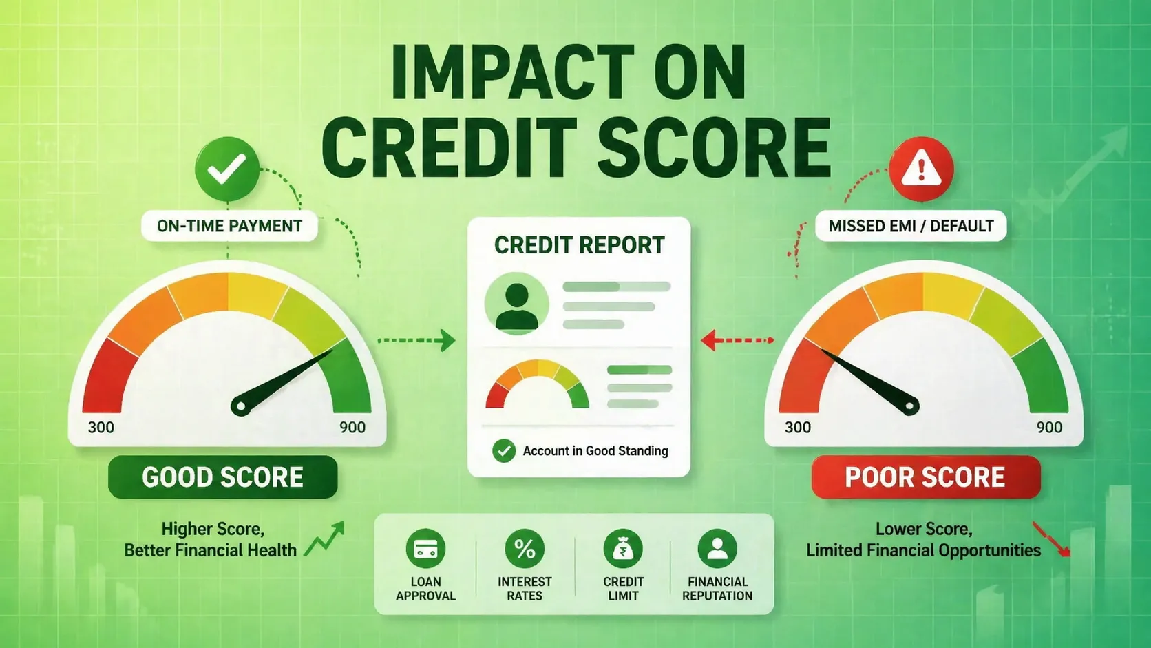 Impact on Credit Score infographic showing the difference between good and poor credit scores. Includes icons for on-time payments, missed EMI, and credit report, with visual meters indicating the credit score range and its impact on loan approval, interest rates, and financial reputation.