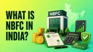 What is NBFC in India illustration showing non-banking financial services, lending, investments, and financial growth.